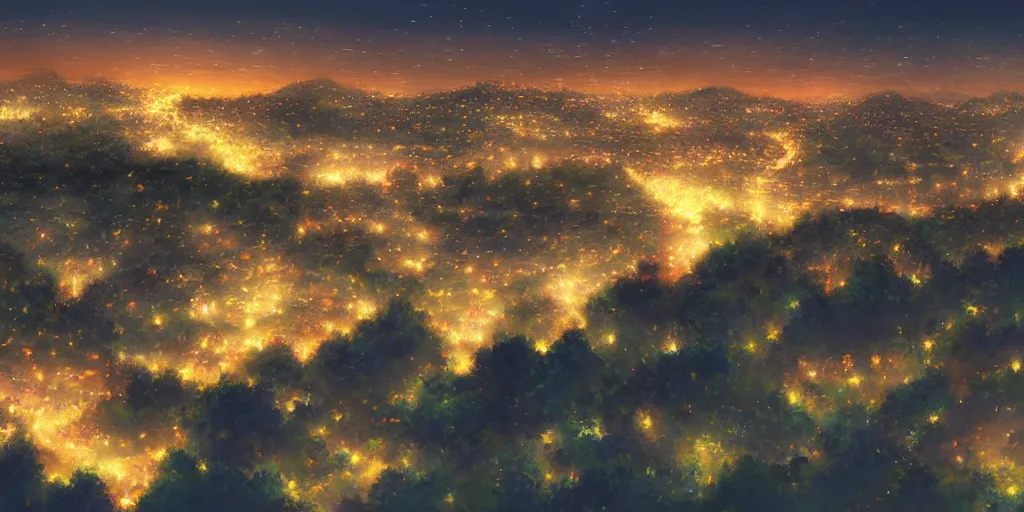 Image similar to beautiful night view of a town from a hill, award - winning digital art, anime