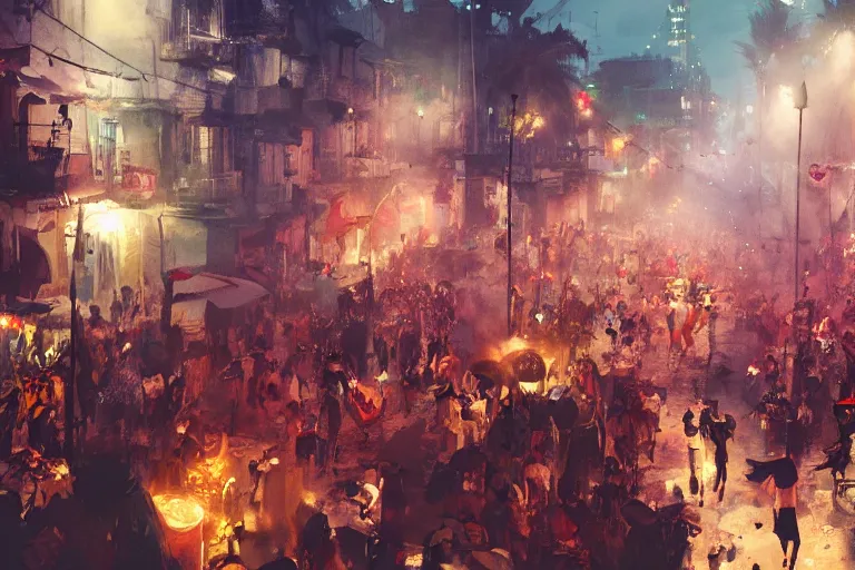 Image similar to street carnival salvador bahia, street party , cinematic lighting, dramatic atmosphere, by Dustin Nguyen, Akihiko Yoshida, Greg Tocchini, Greg Rutkowski, Cliff Chiang, 4k resolution, trending on artstation