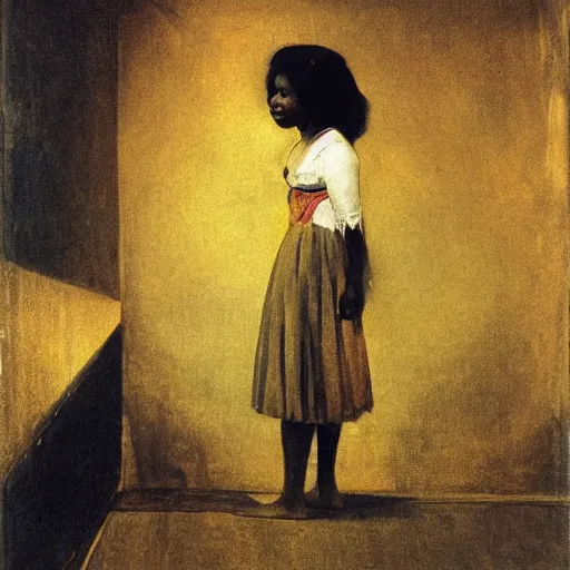 Image similar to a black girl in a gold haunted liminal room, vintage photo by goya, idea by balthus, colors by pontormo, lights by hopper, extreme detail, liminal aesthetic, background art nouveau,