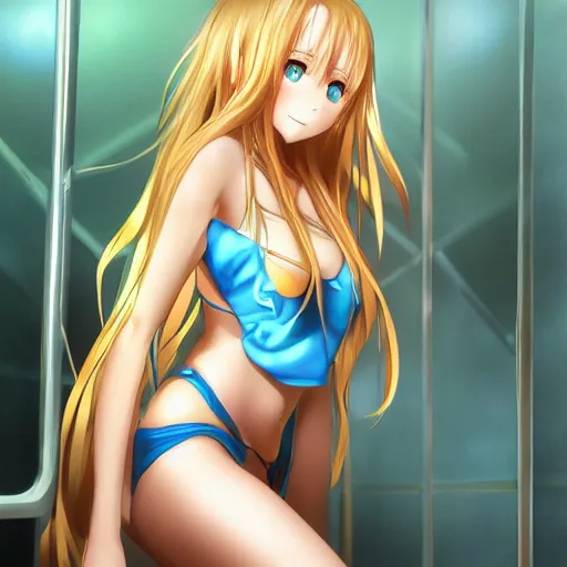 Image similar to a very beautiful young yuuki asuna, full body, long wavy blond hair, sky blue eyes, full round face,, shiny golden bikini, miniskirt, front shot, locked in a bright prison cell, highly detailed, cinematic wallpaper by stanley artgerm lau