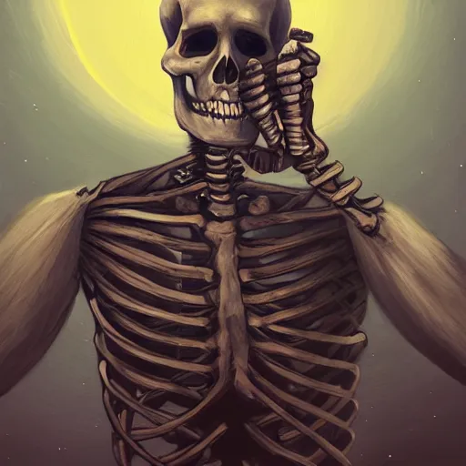 Image similar to beautiful portrait of skeleton with thumbs up, nuclear explosion in the background, trending on Artstation