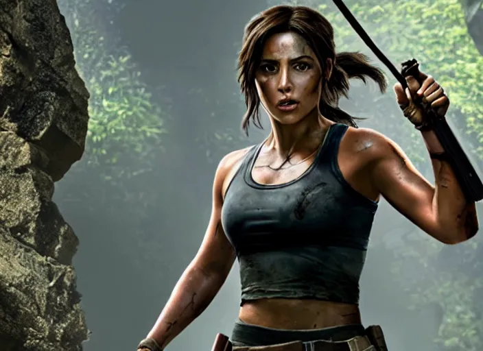 Image similar to film still of!!!! chloe bennett!!! as lara croft in new tomb raider movie, 8 k