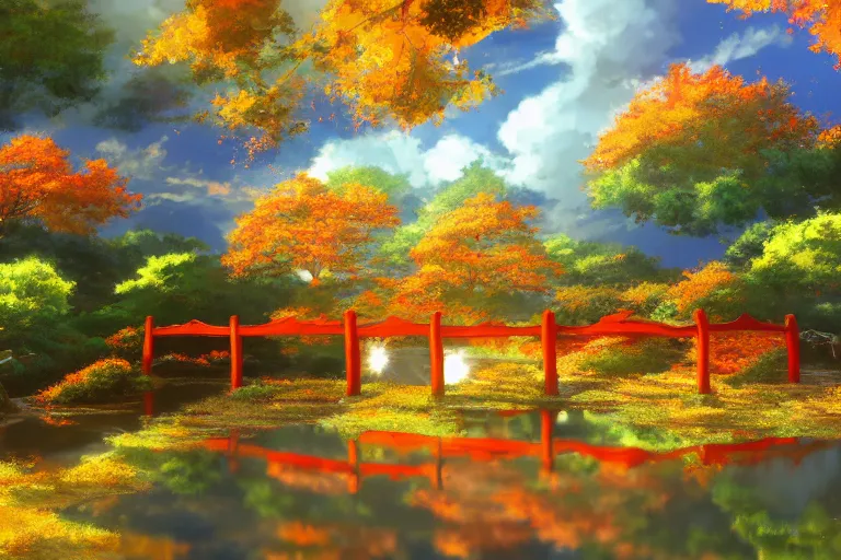 Prompt: hypnagogic reflections by makoto shinkai, centered torii gate, japanese countryside, autumn foliage season, skyscape, anime wallpaper, 4k, trending arstationhq, daily deviation