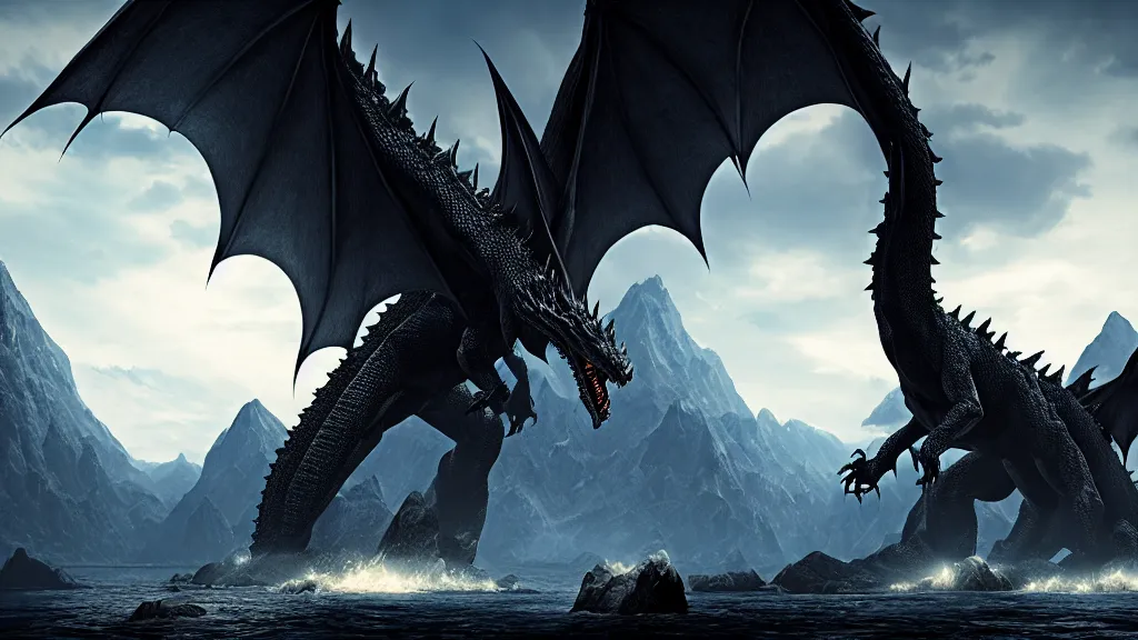 Image similar to Ancalagon the black, the biggest dragon that ever lived, over towering the huge mountains of Thangorodrim, in focus, epic, cinematic lighting, Unreal Engine 5, film key art, Bloom, dramatic lighting, cg artist