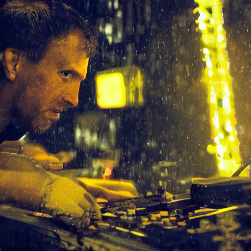 Prompt: augmented human repairing old yellow casette deck, dark messy smoke - filled cluttered workshop, sparks, dark, dramatic lighting, orange tint, cinematic, highly detailed, sci - fi, futuristic, movie still from blade runner