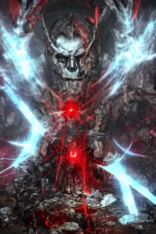 Image similar to Path of Exile, [Sirius], clear [[bronze]] face [mask], luminous red eyes, male image with [bronze] black armor, sitting on the throne, inside the ruined gothic church, black shadows, red lasers, dark red bloody fog, black-grey smoky tornadoes fly around, [[blood]], Anachronism, painting, dark fantasy, steampunk, 4k, perfect quality,