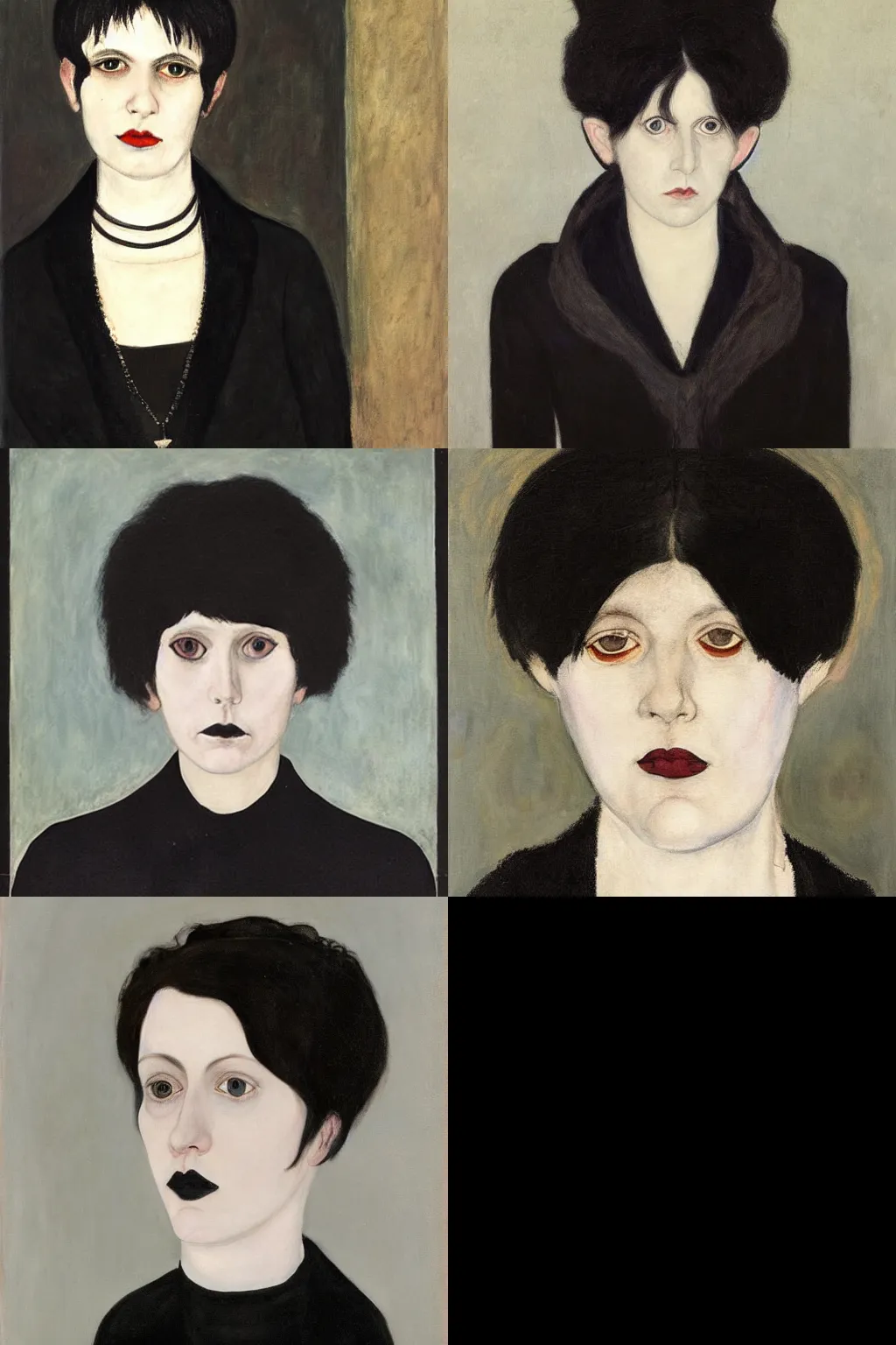 Prompt: a goth portrait painted by hilma af klint. her hair is dark brown and cut into a short, messy pixie cut. she has a slightly rounded face, with a pointed chin, large entirely - black eyes, and a small nose. she is wearing a black tank top, a black leather jacket, a black knee - length skirt, and a black choker.
