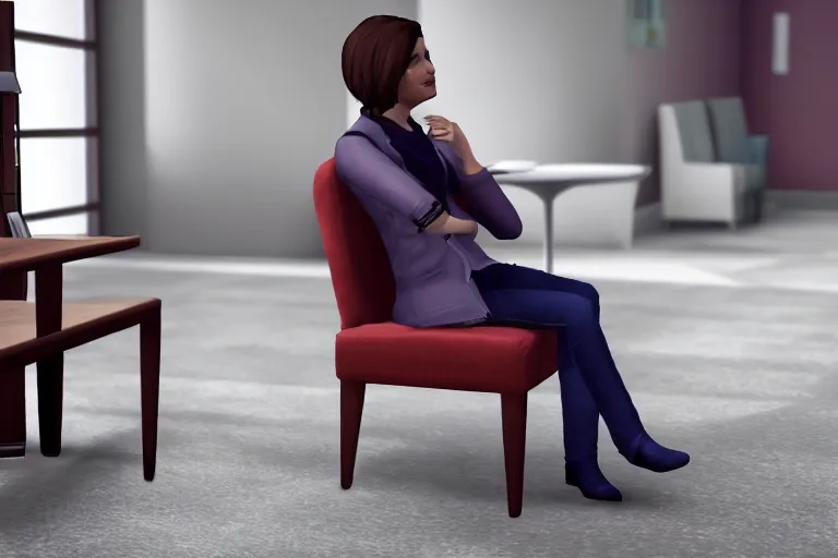 Image similar to a photo of a sim character annoyed at a chair, photorealistic, dramatic, game footage, 8 k