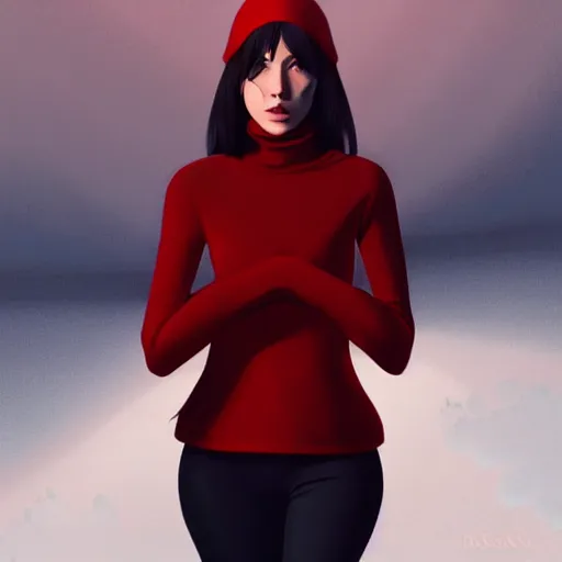 Prompt: girl in dark red turtleneck, black coat, elegant, 2d, ultra highly detailed, digital painting, smooth, sharp focus, artstation, portrait art by Ilya Kuvshinov