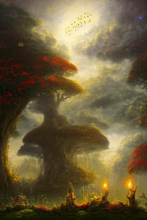 Image similar to a beautiful digital landscape painting of a detailed gothic fantasy fireflies and roots, dark mushroom, flowers by benoit b. mandelbrot, steven belledin, martin johnson heade, lee madgwick, caspar david friedrich, and david rios ferreira. 8 k resolution trending on artstation concept art digital illustration