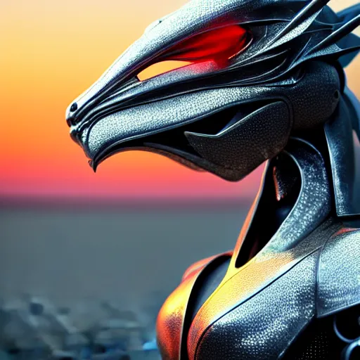 Prompt: epic close up shot, realistic detailed stunning beautiful anthropomorphic robot mechanical female dragon, doing an elegant pose with hand on hip, looking to the side, sleek streamlined armor and design, sharp claws, sleek head, long tail, standing on two legs, wearing a hooded cloak that blows in the wind from behind her, on the beach during sunset, high quality, cinematic art, sunset lighting, artstation, deviantart, furaffinity