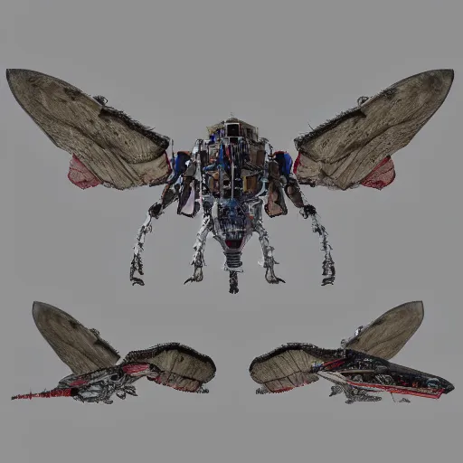 Image similar to a mechanized emperor moth with wings spread out, orthographic view, top down view, bottom view, side view, blueprints, gradius, mecha, jet fighter, space shuttle, robotic, highly detailed, artstation, super realistic, unreal engine