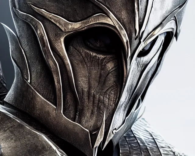 Image similar to a photorealistic 3D render portrait of sauron the dark lord wearing armor made of iron, unreal engine, octane render, cinematic lighting, a sense of evil, hard surface character concept art, dark fantasy character design, hyper realism, high detail, depth of field, stunning vfx, smooth gradients, high contrast, cgsociety