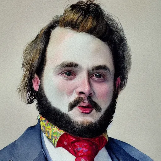 Image similar to Portrait of a handsome man with thick mutton chops. shaved chin, wearing a suit. colorful necktie, pale white face, long messy hair, long hair, ((red)) baggy eyes, tired eyes, tired face, disco smile, watercolor, brushstrokes, high detail, artstation, medium detail, by Ilya Repin and Dave McKean