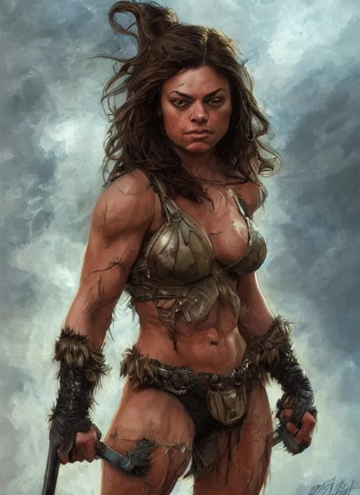 Image similar to exhausted Mila Kunis as a very muscled rugged looking Amazon, dirty, sweating, intricate, elegant, highly detailed, artstation, concept art, sharp focus, art by artgerm and donato giancola and Joseph Christian Leyendecker, WLOP