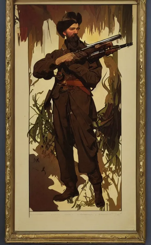 Image similar to portrait of John Brown holding a rifle, lithograph by Alphonse Mucha and Greg Rutkowski and David Lozeau