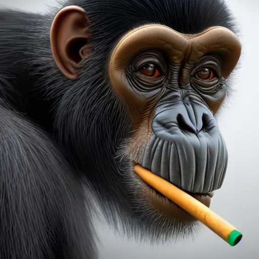 Image similar to a high detail closeup shot of a chimp wearing a suit 👔,and smoking a cigarrette🚬, cgcosiety, artstation, unreal engine, realism