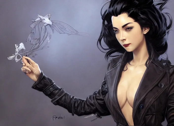 Prompt: woman with black hair and a trench coat, intricate, elegant, highly detailed, lifelike, photorealistic, digital painting, artstation, illustration, concept art, smooth, sharp focus, art by frank frazetta and marco bucci and loish and rossdraws and artgerm and alphonse mucha