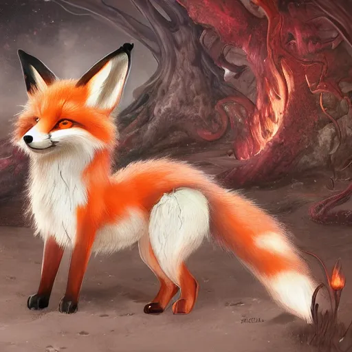 Image similar to a detailed mate painting of a cute anime fox in hell'by stephanie law, existential horror, trending on cgsociety artstation, highly detailed, 8 k, masterpiece, super resolution.