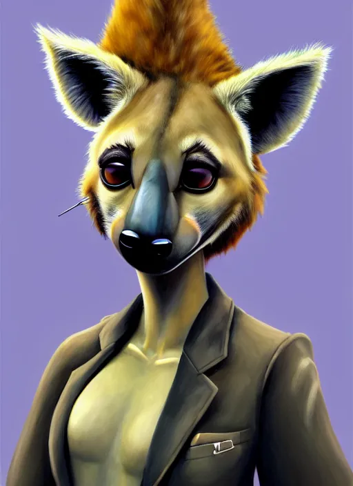 Prompt: oil painting detailed full body of anthromorphic female hyena, in style of zootopia, zootopia, zootopia, fursona, furry, furaffinity, 4 k, deviantart, furry art, fursona art, wearing black business suit, in style of zootopia, hyena fursona, cyberpunk, female, expressive, detailed feminine face,