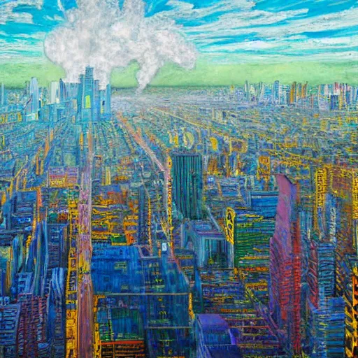 Prompt: Hyperrealistic intensely colored studio Photograph portrait of a Godzilla terrorizing Omaha skyline long exposure, award-winning nature expressionistic impasto oil painting by Fabian Marcaccio and Jean Dubuffet and Audubon vivid colors hyperrealism 8k