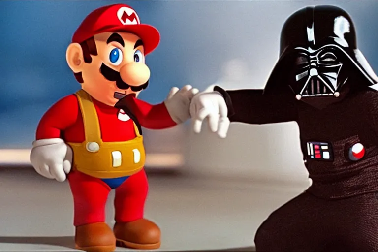 Image similar to a film still from the movie Star Wars of a real life Super Mario fighting