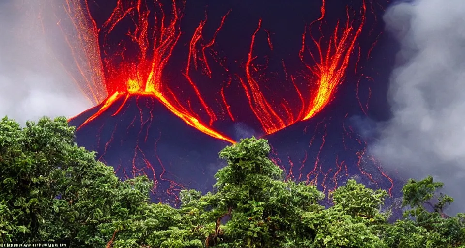 Image similar to a volcano made of ivory vines and crimson rocks enters in eruption, it spits a smoke in the shape of demonic eye, from One piece