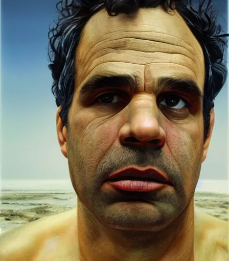 Prompt: a high quality, high detail, photorealistic portrait of mark ruffalo by james nachtwey and lucian freud, zdzisław beksinski