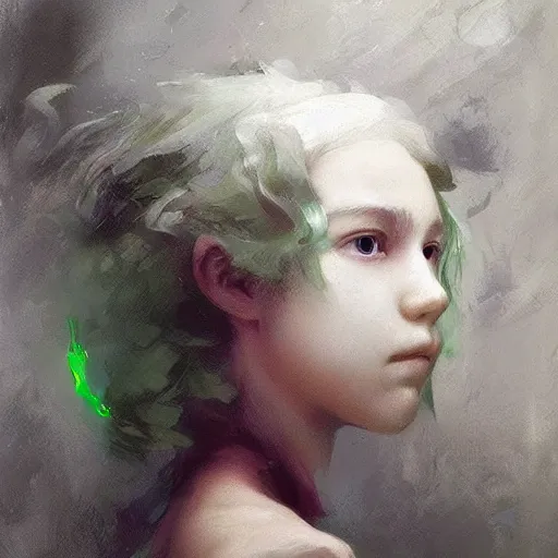 Image similar to a young man of just 14 with Snow White white white white!!! hair and glowing green eyes who can walk through walls, disappear, and fly. Ruan Jia. Alayna Danner