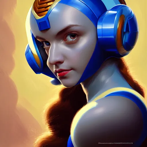 Image similar to head and shoulders portrait of a female Megaman semirealistic, digital illustration, dark fantasy, medium shot, intricate, elegant, highly detailed, digital painting, volumetric light, artstation, concept art, smooth, sharp focus, illustration by Sachin Teng, armor by Donato Giancola, face by Gil Elvgren, paintstrokes by Greg Manchess, background by Alphonse Mucha