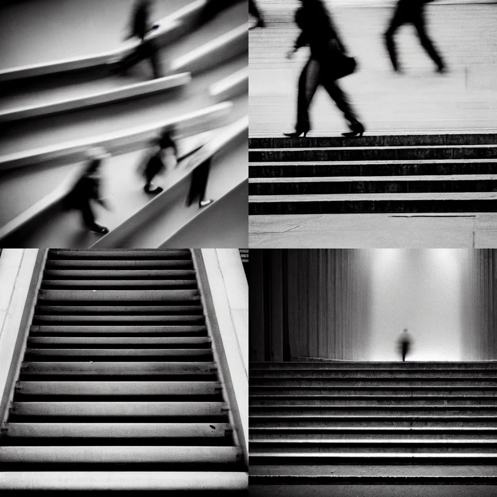 Prompt: multiple people walking up stairs by richard avedon. street photography. black and white. ilford delta. long exposure, extreme motion blur. film grain. contrast.