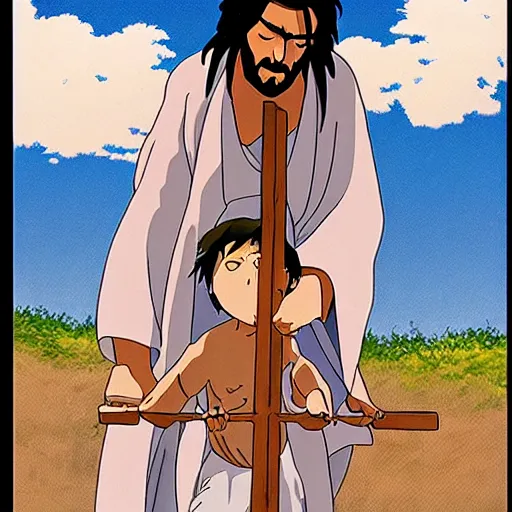 Image similar to poster of a bloodied Jesus carrying his cross, Studio Ghibli