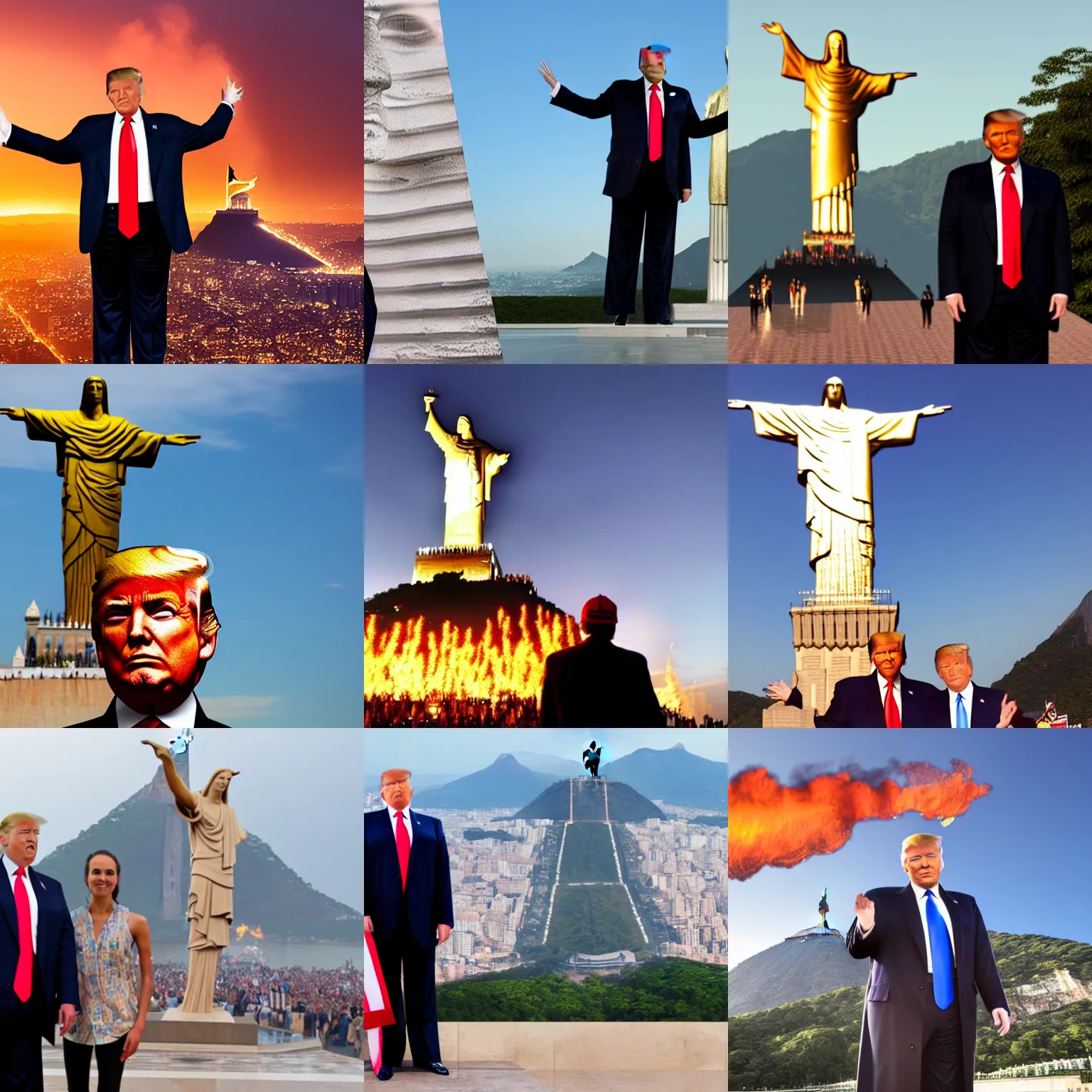 Prompt: Proud Donald Trump posing in front of flaming Christ the Redeemer statue, 4K