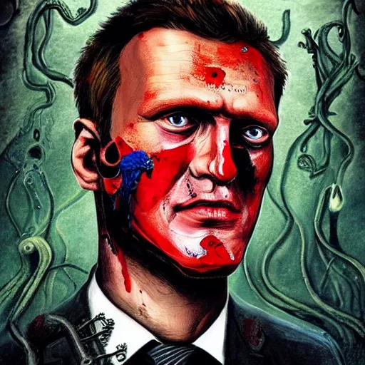 Prompt: navalny became bloody ugly lovecraftian degenerate abomination, photo - realistic, color image, 2 k, highly detailed, bodyhorror, occult art