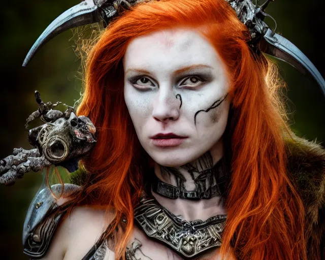 Prompt: 5 5 mm portrait photo of an armored gorgeous anesthetic redhead woman warrior with a face tattoo and sheep horns growing from her head, in a magical forest in the style of stefan kostic, art by luis royo. highly detailed 8 k. intricate. lifelike. soft light. nikon d 8 5 0. cinematic post - processing