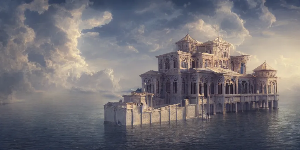 Prompt: beautiful digital illustration of a floating Byzantine palace in the clouds, fluffy cotton candy clouds clouds, architecture, concept art, deviantArt, artsation, artstation HQ, HD, 16k resolution, smooth, sharp detail, amazing depth, octane, finalRender, Unreal Engine