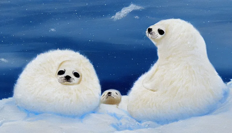 Image similar to highly detailed painting of cute furry white baby seals cuddled up in an igloo by william turner, thick brush strokes and visible paint layers, 4 k resolution, blue and white colour scheme