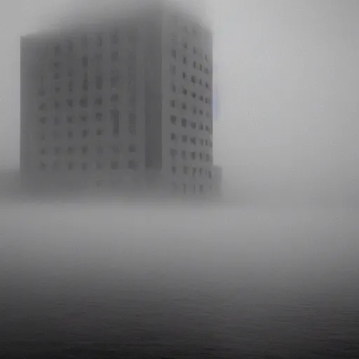 Prompt: giant tentacles coming out of fog, grasping giant brutalist buildings