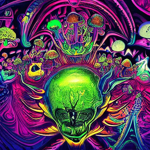 Image similar to Joe Rogan and Aliens eating mushrooms, psychedelic, hyperdetailed, trending on instagram, 4k