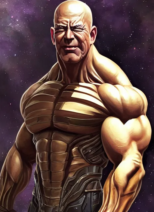 Image similar to jeff bezos is a muscular bodybuilder as thanos, au naturel, hyper detailed, digital art, trending in artstation, cinematic lighting, studio quality, smooth render, unreal engine 5 rendered, octane rendered, art style by klimt and nixeu and ian sprigger and wlop and krenz cushart.