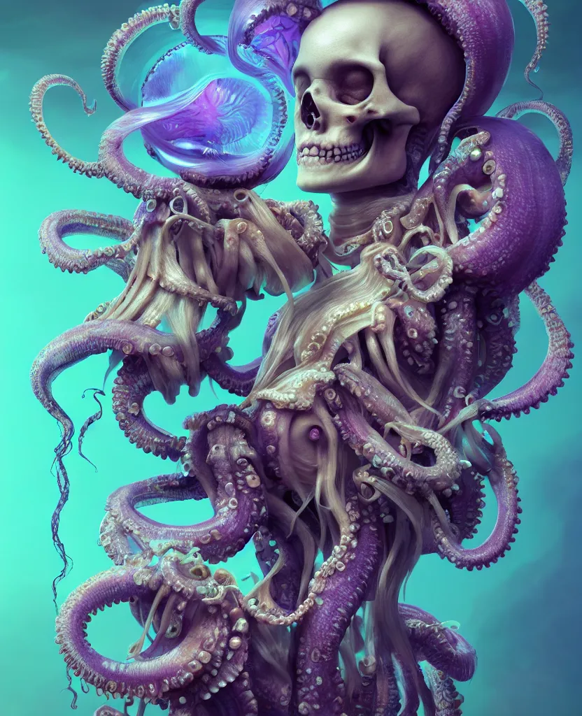 Image similar to goddess close - up portrait human skeleton, ram skull, octopus, jellyfish, orchid, betta fish, bioluminiscent, intricate artwork by tooth wu and wlop and beeple. octane render, trending on artstation, greg rutkowski very coherent symmetrical artwork. cinematic, hyper realism, high detail, octane render, 8 k