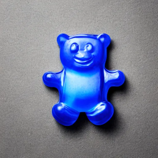 Prompt: render of blue gummy bear sitting on a chocolate bar