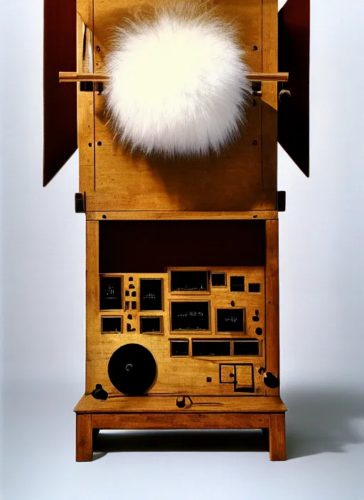 Image similar to realistic photo of a a medieval wooden astronomic archeology scientific equipment made of brushwood, with white fluffy fur, by dieter rams 1 9 9 0, life magazine reportage photo, natural colors