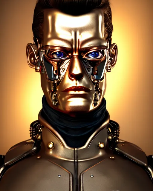 Image similar to steampunk portrait of the t 1 0 0 0 from terminator, au naturel, hyper detailed, digital art, trending in artstation, cinematic lighting, studio quality, smooth render, unreal engine 5 rendered, octane rendered, art style by klimt and nixeu and ian sprigger and wlop and krenz cushart.