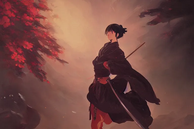 Image similar to baroque oil painting of anime key visual concept art of a samurai girl, very anime, stars vackground, trending on artstation, oil on canvas, style of makoto shinkai greg rutkowski studio ghibli