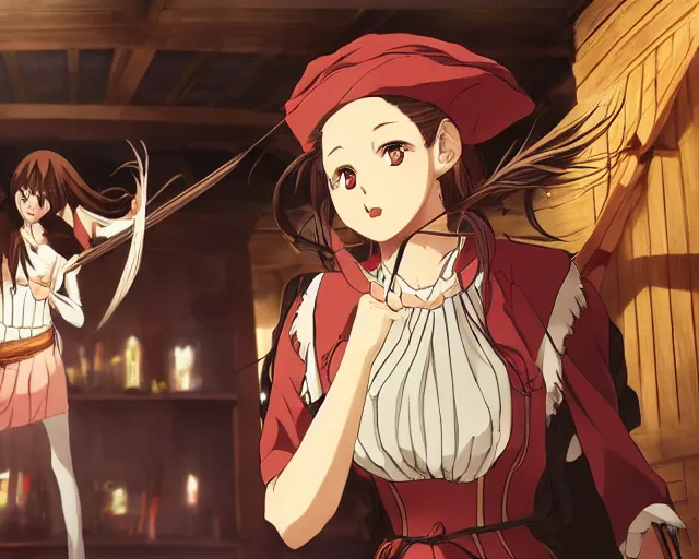 Image similar to key anime visual portrait of a young female witch in a tavern interior defending a companion, dynamic pose, dynamic perspective, cinematic, dramatic lighting.