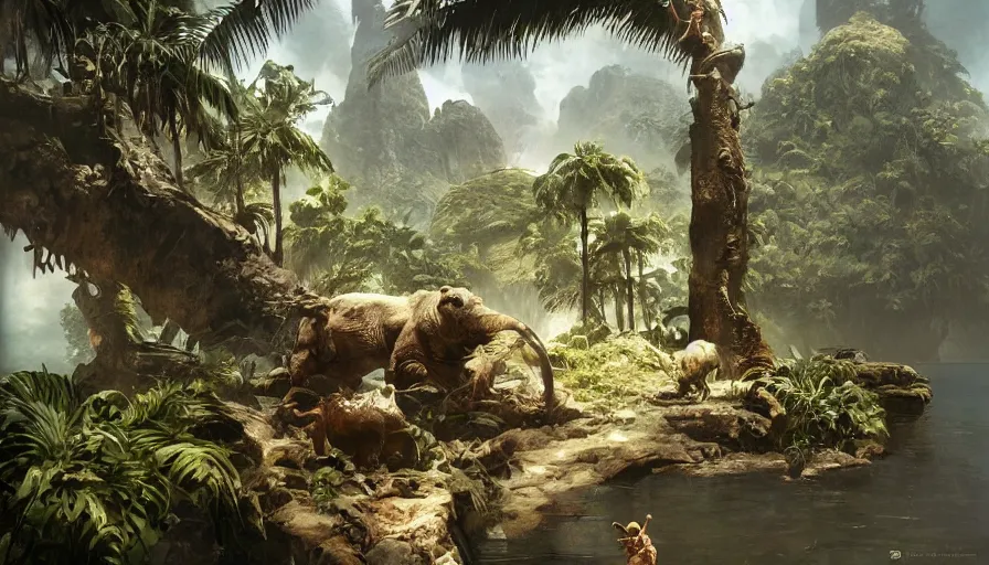 Prompt: craig mullins, frank frazetta art, science fiction landscape, jungle animals and palm trees, water, unreal engine, hyper realism, realistic shading, realistic render, octane render, detailed textures, photorealistic, wide shot