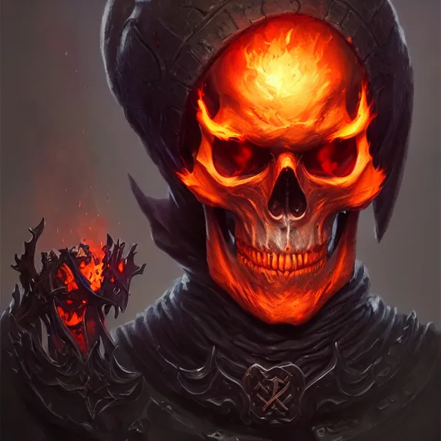 Image similar to evil flaming skull, d & d, fantasy, portrait, highly detailed, headshot, digital painting, trending on artstation, concept art, sharp focus, illustration, art by artgerm and greg rutkowski and magali villeneuve