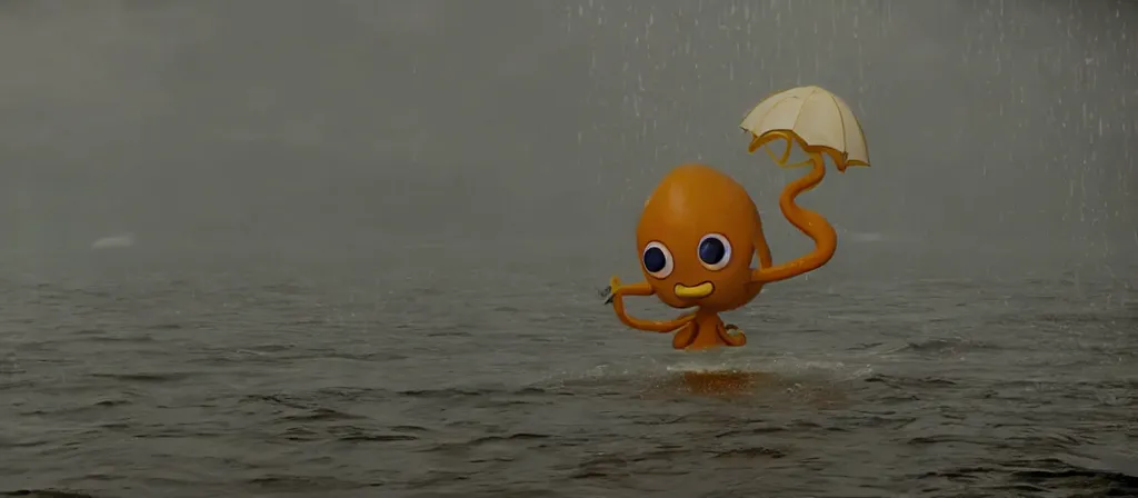 Image similar to A Still of one giant OctoDad emerged from the ocean, water dripping off him, Octodad is gigantic, a tiny boat in the water beneath Octodad, you can see this from the beach looking out into a dark a storming ocean, Movie shot film, gloomy very misty, Octodad is going towards a City, you can see a City next to a Beach