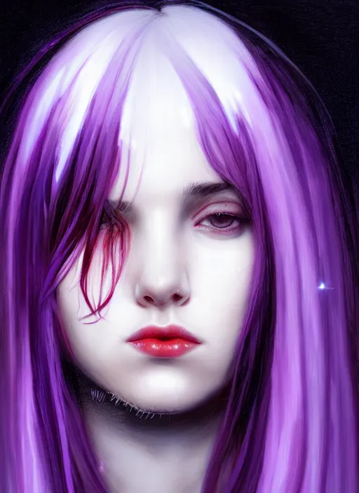 Image similar to hair whitebangs hair, black hair, whitebangs, portrait of teenage girl with white bangs, red irises, purple clothes, white bangs, bangs are different color from hair, intricate, elegant, glowing lights, highly detailed, digital painting, artstation, concept art, smooth, sharp focus, illustration, art by wlop, mars ravelo and greg rutkowski